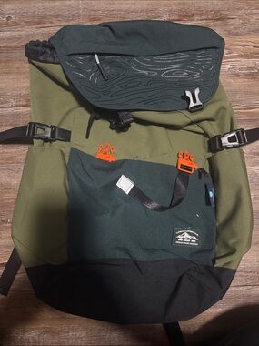 Outdoor Roll-Top Backpack in Olive Green & Dark Teal with Orange Accents